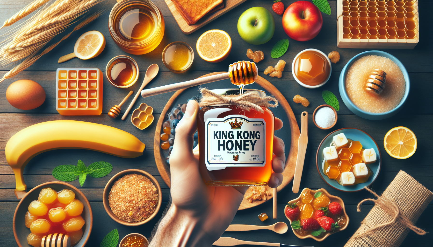 An illustration of king kong honey surrounded by healthy foods and honey