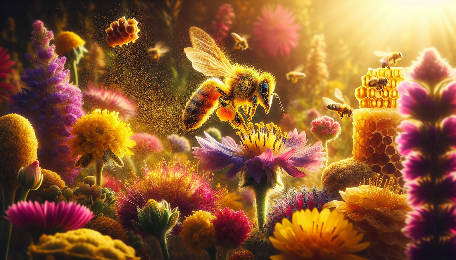 A bee flying over flower pollen illustration