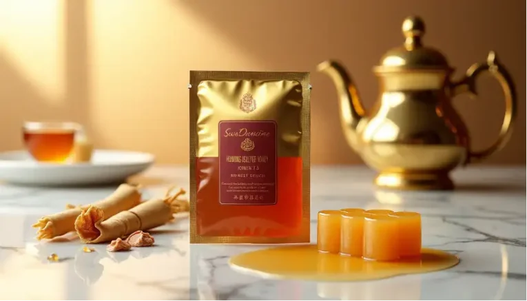 royal honey pack on marbe with honey next to it