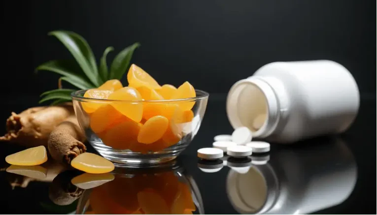 a glass with gummies next to a pill box with pills splashed on the table