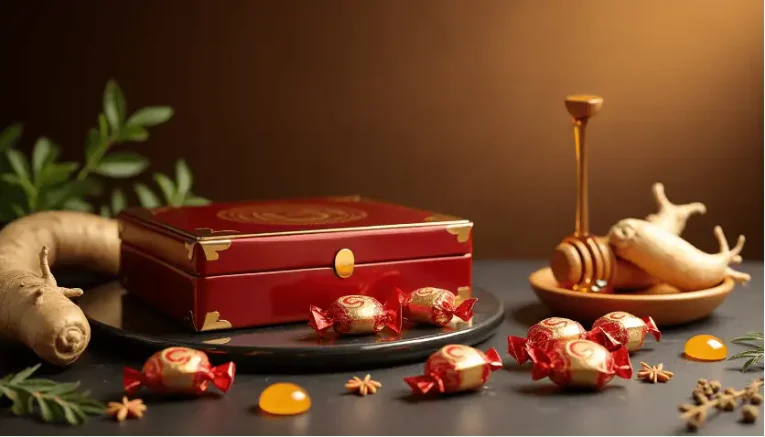 a chinese style box with candies spread around the table