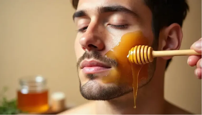 A man applying honey to face skin