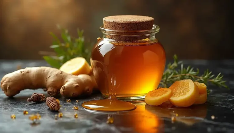 A glass jar of honey with lemon and ginseng on marble surface