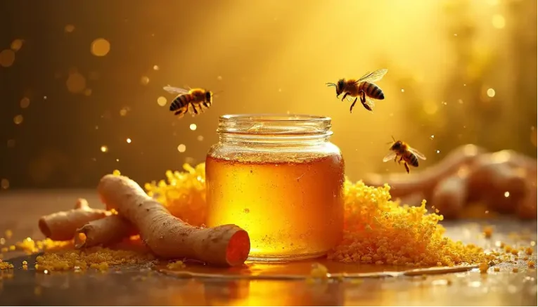 multiple bees gather around a jar of honey