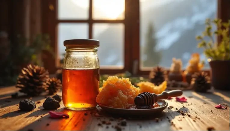 honey on a wooden table with window in the background