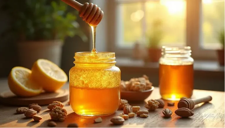 Jar of honey on a table with walnuts around on table