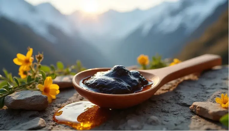 A wooden spoon in nature with shilajit on it